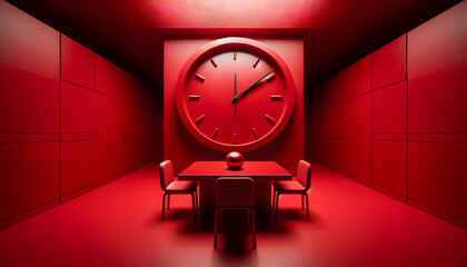 all-red interior with a red clock on a red table. The scene features a monochromatic red theme.