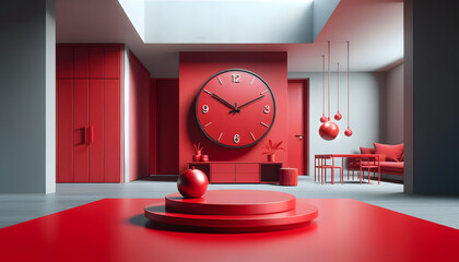 modern interior with a red clock on a red table, featuring a realistic and contemporary style in a bold monochromatic red theme