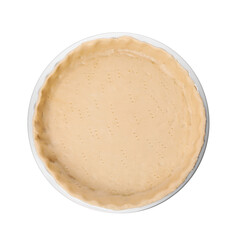Quiche pan with fresh dough isolated on white, top view
