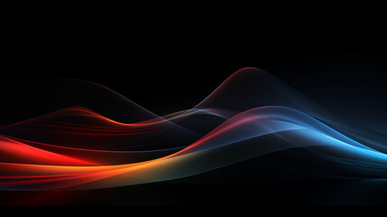 stromlinenförmige verlaufende abstrakte Licht Wellen in den Farben blau, cyan, rot und orange auf schwarzem Hintergrund. Querformat 16:9. Generative Ai