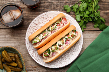 Delicious hot dogs with onion, chili pepper and sauce served on wooden table, flat lay