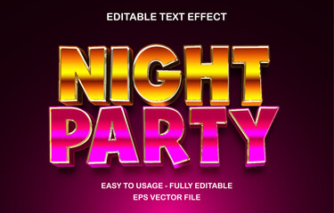 Night party editable text effect template, 3d cartoon neon glossy style typeface, premium vector