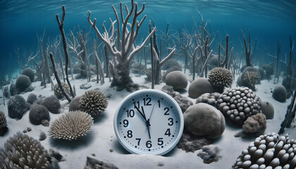 underwater scene with a clock, placed amidst dead coral and a sandy sea floor. The environment portrays a stark, barren underwater landscape - obrazy, fototapety, plakaty