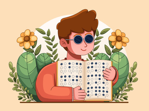 Vector Illustration: Blind man proudly presents Braille book, symbolizing empowerment and equal access to knowledge for visually impaired.
perfect for campaign, card, braille day.