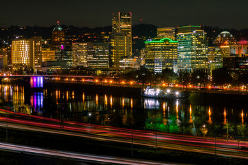 Fototapeta na wymiar Portland, Oregon - USA, Bridge at Night - downtown Oregon in background