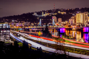 Portland, Oregon - USA, Bridge at Night - downtown Oregon in background