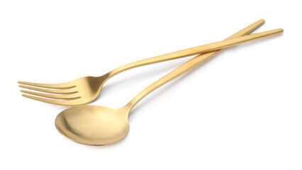 Shiny golden fork and spoon isolated on white. Luxury cutlery