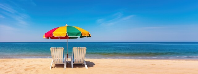Two empty seats under a multicolored rainbow umbrella stand on a sandy beach against the background of beautiful blue sea