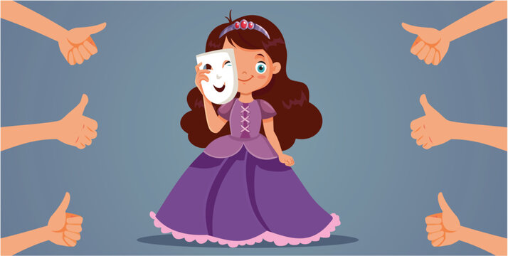 People Appreciating a Young Actresses in a Princess Role Vector Cartoon. Little girl performing in a school play receiving thumbs up
