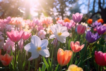 Fototapeta premium Illustration of a flower meadow in spring. Generative AI.