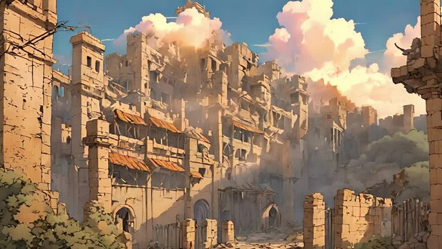thick cloud smoke hangs over smoldering ruins nearby town, evidence raiders destruction pillaging. stronghold itself maze narrow pathways barricades, leading central 2d animation