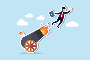 Career boost or job promoted, productivity or advancement in work concept, businessman shot from explosive cannon boosting high to achieve business success.