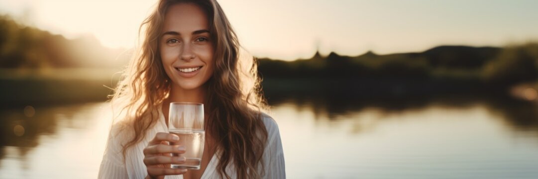Woman holding a Glass of Water Nature Advertising Background Style - Ecologically Sustainable Water Backdrop created with Generative AI Technology