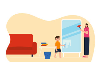 Parents are teaching their children to clean the house. Parenting illustrations.