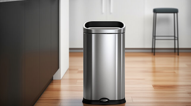 Stainless steel trash can in the kitchen.