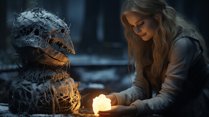 Beautiful young woman in the winter forest with a burning candle,Generative AI