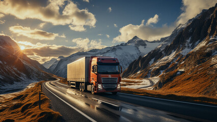 Truck driving on the road with mountains in the background at sunset,Generative AI