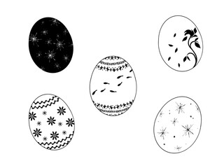 様々な模様（花・魚・星）が描かれたイースターエッグの白黒イラストセット
