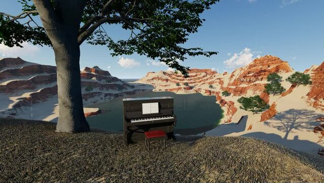 black piano with nature background	
