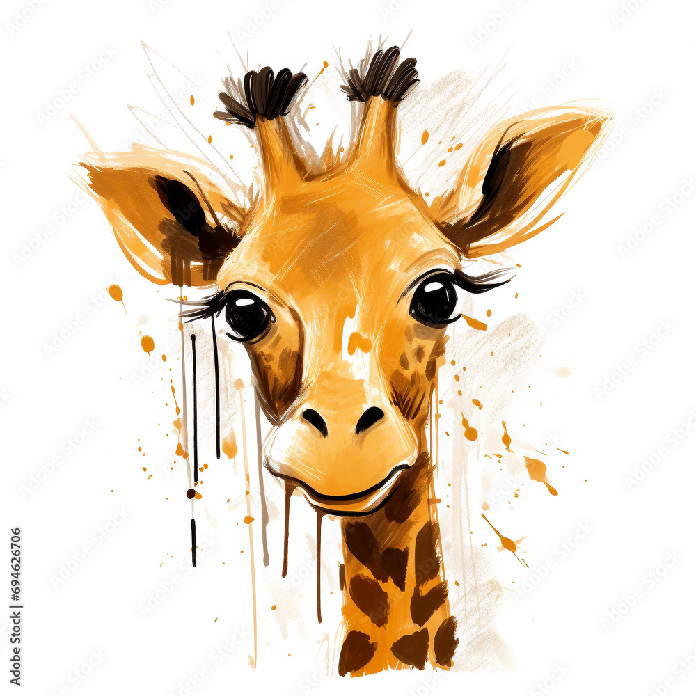 Poster messy art line sketch of a cute, modern baby giraffe cartoon illustration