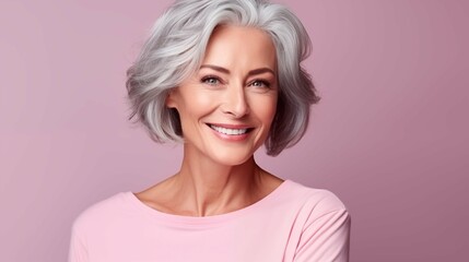 Portrait of adult woman with smooth healthy face skin and grey hair - obrazy, fototapety, plakaty