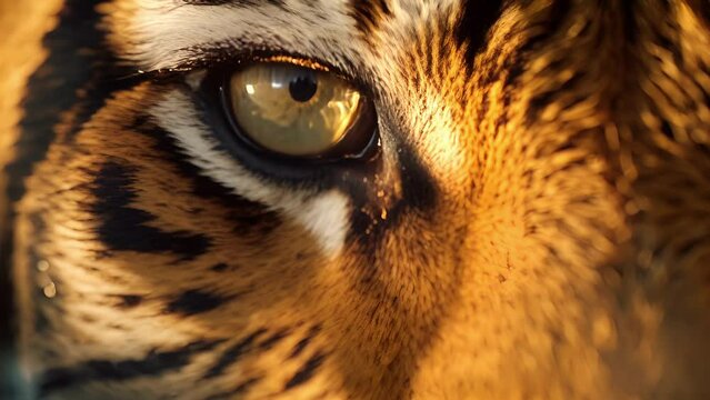 Closeup of the mesmerizing, unblinking stare of a tiger, its amber eyes reflecting a mix of strength and intelligence.