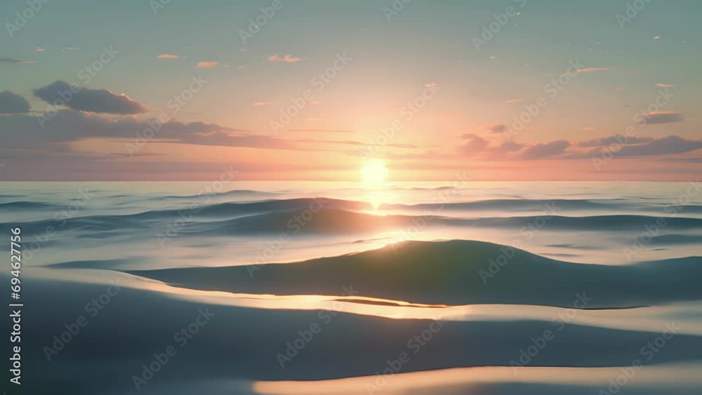 Wall mural minimal animation of a calm ocean with gentle waves and a serene sunset, creating a peaceful and med