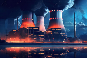 Power plant at night with chimneys and cooling towers, industrial landscape.