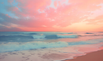 Fototapeta na wymiar A pink sky over the ocean and waves,Generative AI