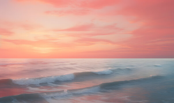 A pink sky over the ocean and waves,Generative AI