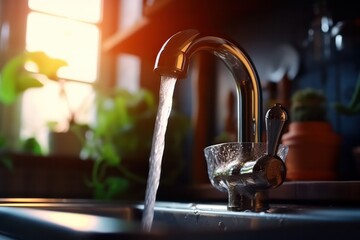 Water is pouring from the tap in the kitchen in the bathroom problems of lack of clean water. - obrazy, fototapety, plakaty