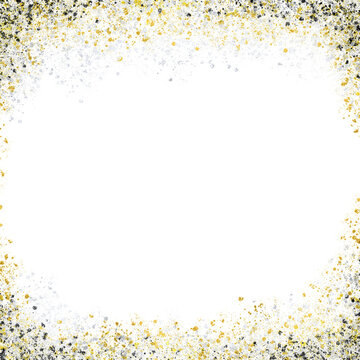 NYE gold, black, and silver paint splatter, metallic glitter confetti frame and edges