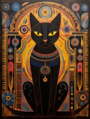 A classic Egyptian painting of a cat in a natural setting, textured and aesthetic, with a vintage charm. Perfect for wall art, printing media, wallpaper, and cover designs - obrazy, fototapety, plakaty
