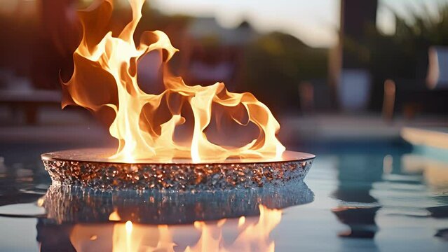 Closeup of the hypnotic flames in a contemporary fire table, providing a focal point for socializing near the pool.
