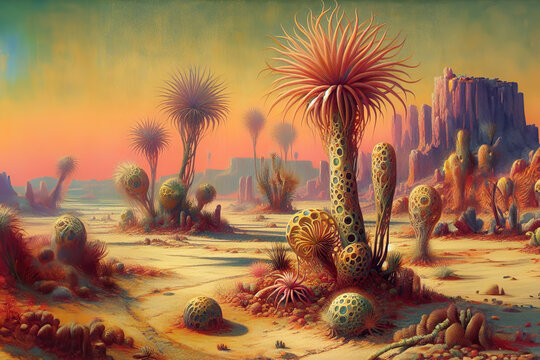 Strange desert landscape with extraterrestrial plants