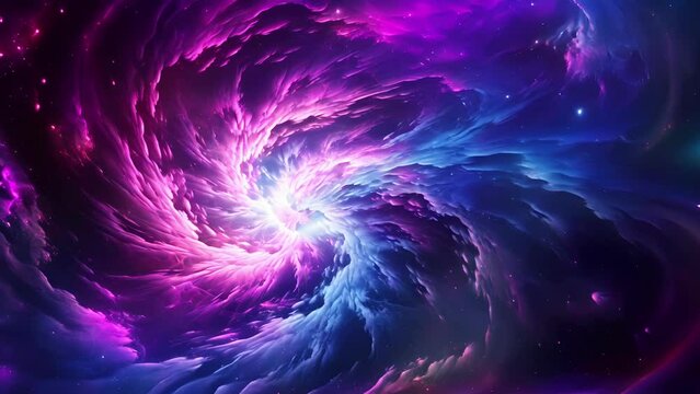 A closeup of a complex spiral microburst of electric blue and purple colours