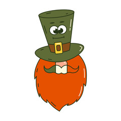 Happy Saint Patricks Day retro sticker. Funky groovy cartoon character leprechaun, gnome in hat. Vintage funny mascot patch psychedelic smile and emotion. Comic trendy vector illustration
