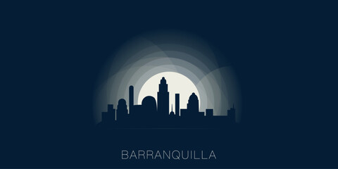 Barranquilla cityscape skyline city panorama vector flat modern banner illustration. Colombia region emblem idea with landmarks and building silhouettes at sunrise sunset night