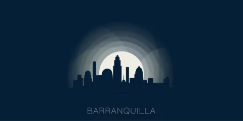 Fotobehang Barranquilla cityscape skyline city panorama vector flat modern banner illustration. Colombia region emblem idea with landmarks and building silhouettes at sunrise sunset night © Anastasiia