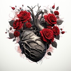 anatomical black heart with roses on white background - obrazy, fototapety, plakaty