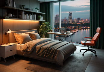 A luxurious modern bedroom, designed with a blend of contemporary minimalism and modern style, offers an exquisite ambiance under the twilight and night. Generative AI. - obrazy, fototapety, plakaty