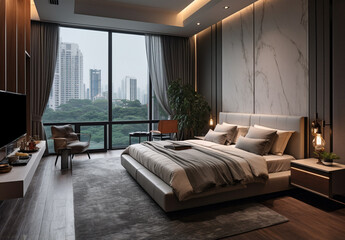 Obraz premium In this new, modern bedroom within a home, the view outside the window presents a lush natural scene with trees, evoking a sense of relaxation and rejuvenation. Generative AI.
