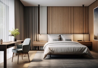 Fototapeta premium This Condominium Bedroom boasts grand and clean interior design, featuring a small yet beautifully decorated bedroom space. Generative AI.