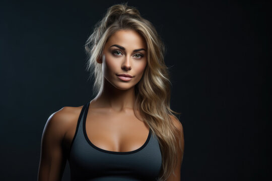 Close-up of Attractive Female Fitness Trainer on Dark Background