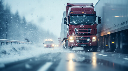 Extreme close up of a truck driving down a highway at snow day