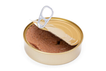 Opened Tin Can with Chicken Liver Pate Isolated on White Background. Open Canned Pate - Isolation