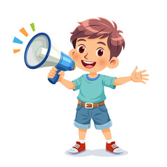 Vector illustration of little boy excitedly shouting into megaphone