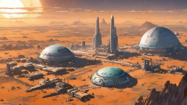 horizon asteroid, massive domed structure stands tall, opaque surface reflecting ling stars above. This core Asteroid Mining Colony, containing living quarters, research 2d animation