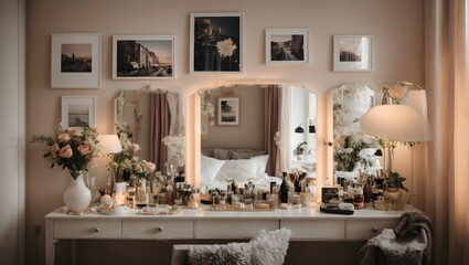 Bedroom, having dressing table, looking beautiful with pictures hanging on the wall ai generated
