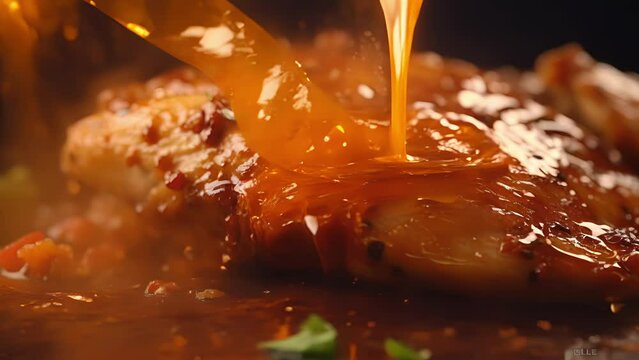 Intricate details of the marinade s texture popping into focus as it coagulates on a piece of chicken.